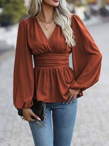 SHEIN Clasi Áo cổ lọ tay loe có viền xếp nếp, áo peplum - Rỉ Nâu - Xem 4