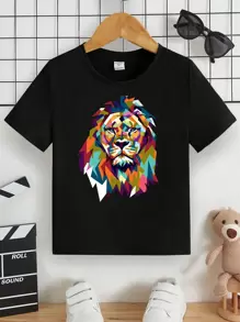 SHEIN Young Boy's Casual Lion Cartoon Printed Short Sleeve Round Neck T-Shirt, Summer - Black - View 1