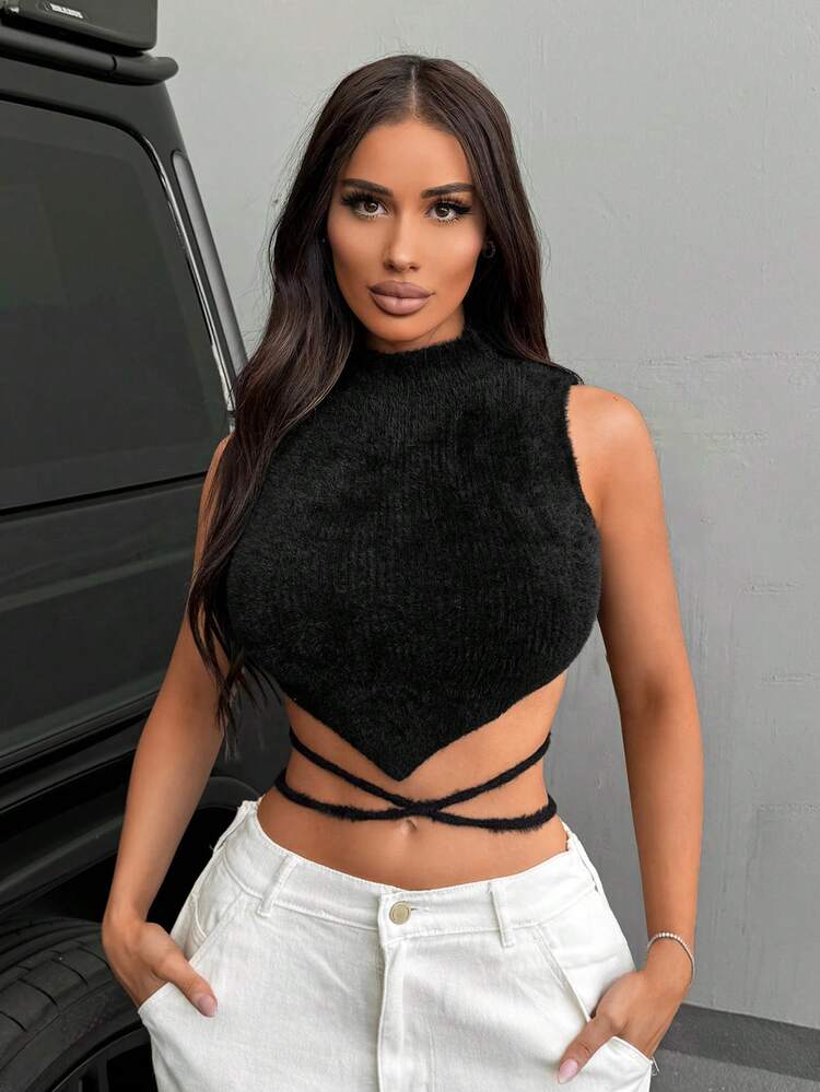 Women's Sexy Short Knit Vest With Backless Design And Strap Detail