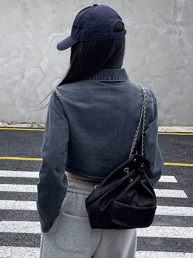 Women's Zipper Front Cropped Denim Jacket