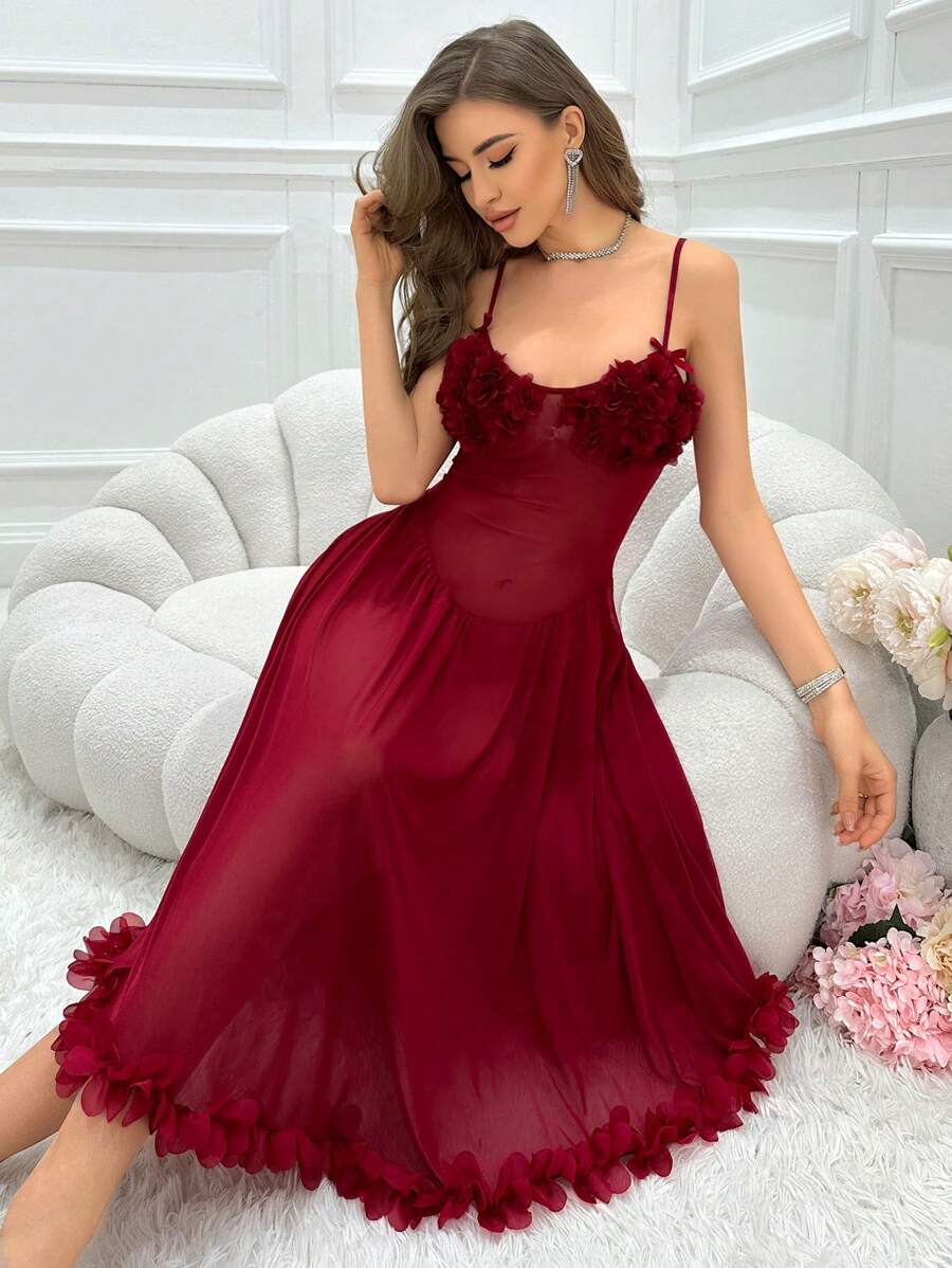 Camisón sexy de noche de malla transparente con adorno de pétalos - Burdeos - Ver 1