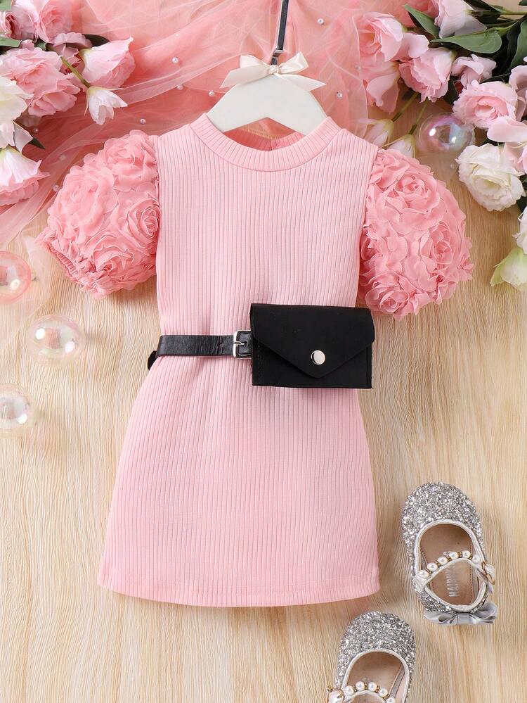 Baby Girl 3d Flower Bubble Sleeve Dress With Waist Bag