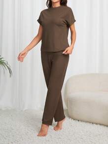 SHEIN Women's Ribbed Batwing Sleeve Top & Pants Loungewear Set Outfit - Coffee Brown - View 5