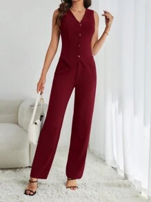 SHEIN Tall Ladies' Solid Color Button Down Vest And Straight Pants Suit In Fall/Winter - Burgundy - View 1