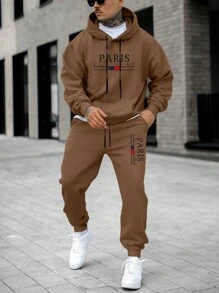 Manfinity Homme Men's Letter Printed Hoodie And Sweatpants Set - Coffee Brown - View 1