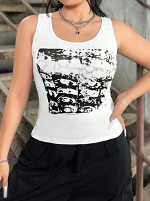 SHEIN EZwear Camiseta Sin Mangas Estampada De Talla Grande