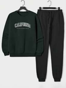 SHEIN Cottnline Men'S Letter Printed Round Neck Sweatshirt & Sweatpants Set - Army Green - View 1