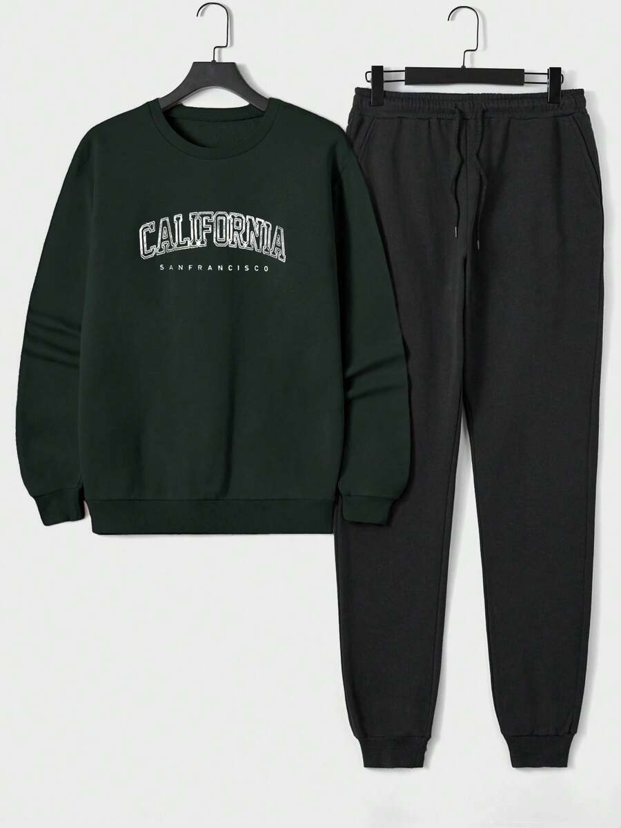 SHEIN Cottnline Men'S Letter Printed Round Neck Sweatshirt & Sweatpants Set - Army Green - View 1