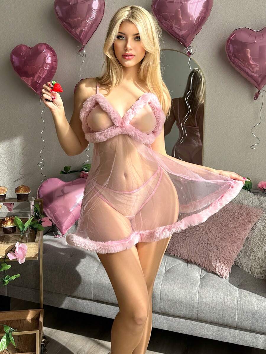 Pure Desire Conjunto de lencería seductora de peluche con encaje sexy y diseño empalmado (Especial del Día de San Valentín) - Rosa - Ver 1
