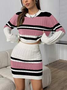 SHEIN Unity 女士條紋圖案長袖毛衣和針織裙2件套 - 粉色 - 查看 1