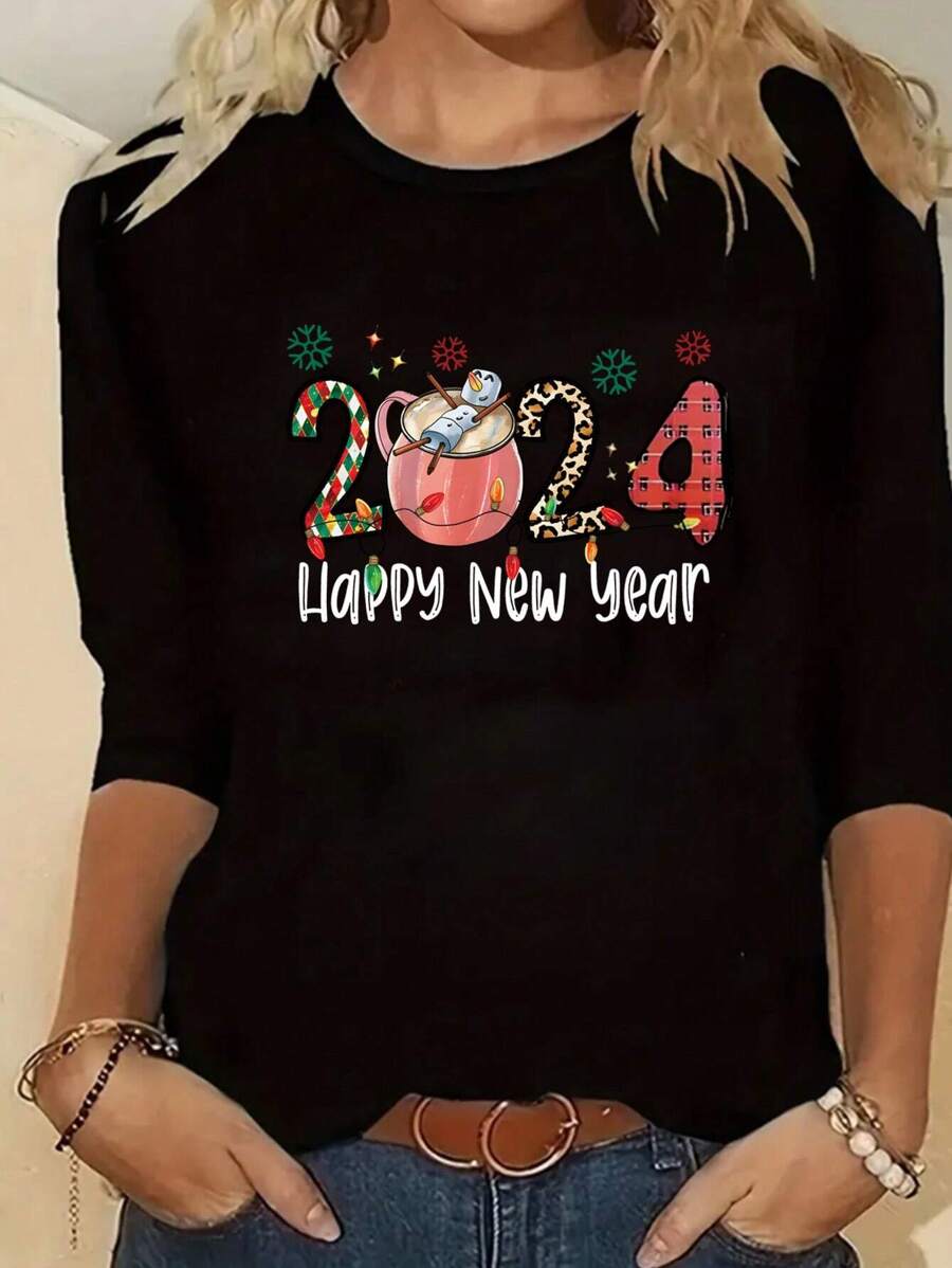 INAWLY 大尺碼女士2024新年印花長袖t恤 - 黑色 - 查看 1