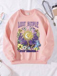 SHEIN Tween Girls' Floral & Butterfly Printed Round Neck Sweatshirt For Autumn - Pink - View 1