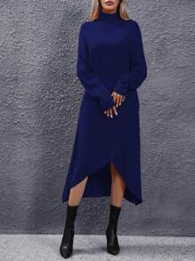 SHEIN Clasi 女士立領分裂針織毛衣連衣裙 - 藍色 - 查看 4