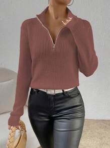 SHEIN Essnce Women's Half-Zipper Pullover Sweater - Dusty Pink - View 1