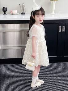 SHEIN Glamorique Kids 幼童女孩泡泡袖蓬蓬荷葉紗公主裙 - 米色 - 查看 3
