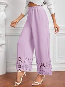 SHEIN Privé Pantalones Para Mujer Con Cintura Elástica De Ajuste Holgado, Con Estampado Floral Y Dobladillo Con Volantes. - Púrpura malva - Ver 3