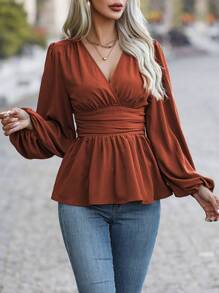 SHEIN Clasi Áo cổ lọ tay loe có viền xếp nếp, áo peplum - Rỉ Nâu - Xem 6