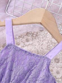 嬰幼女孩蕾絲肩帶連身裙 - 紫色 - 查看 3