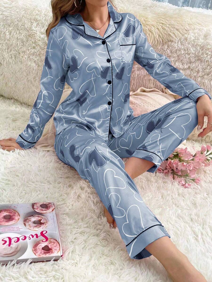 丝绸仿印花心形图案翻领长袖上衣和裤子睡衣套装，秋冬舒适优雅细节 - 霧霾藍 - 查看 1