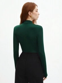 BizChic Women's Long Sleeve Mesh Insert Bodysuit - Dark Green - View 2