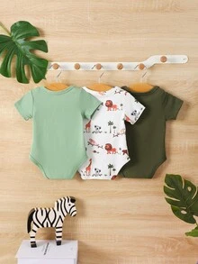 Bộ đồ liền thân dệt kim nhiều màu in hình sư tử và khủng long đáng yêu cho bé trai mặc ở nhà, 3 món - Nhiều màu - Xem 2