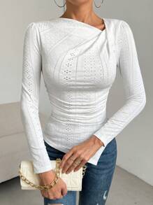 SHEIN LUNE 女士不對稱褶皺t恤 - 白色 - 查看 4