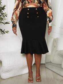 Slaydiva 大尺碼女用金屬扣邊不對稱下擺百褶裙 - 黑色 - 查看 3