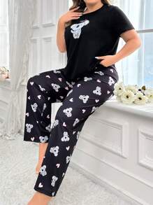 Conjunto De Pijama Con Pantalones Y Top De Manga Corta Con Estampado De Koala De Talla Grande