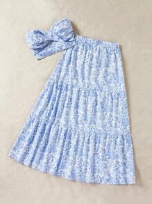 Soleia Hoa In Áo Bandeau  Và Váy Kỳ nghỉ 2 Miếng Bộ đồ - Xanh và trắng - Xem 4