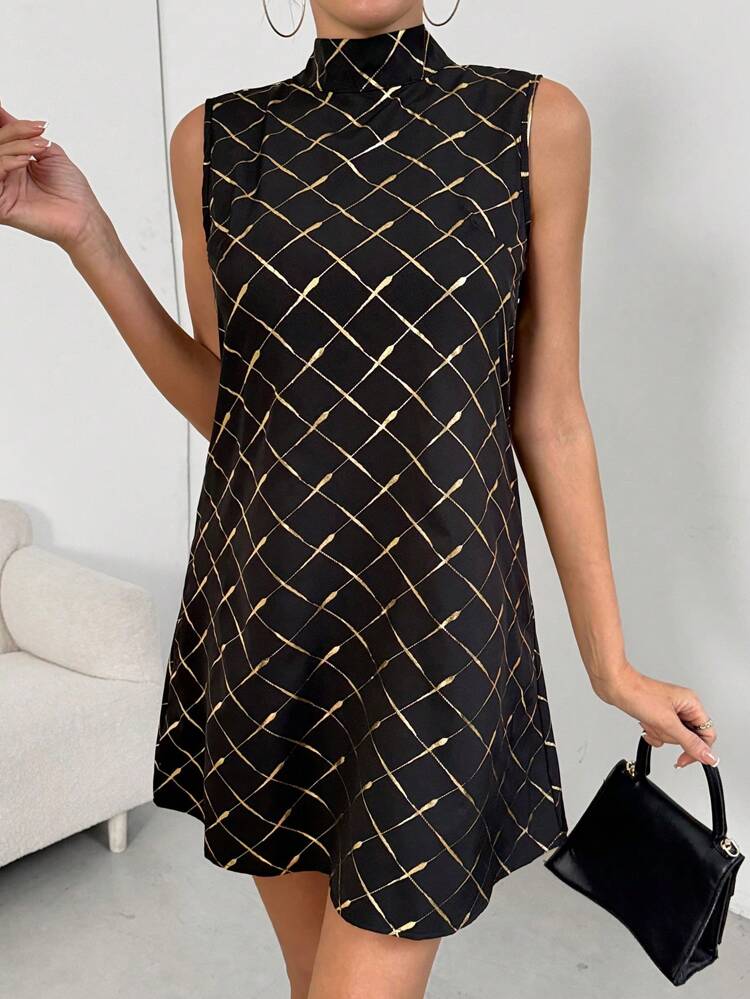 Women's Diamond Print Stand Collar Dress