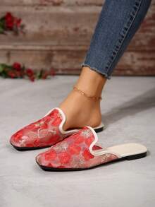 女士夏季时尚刺绣网眼拖鞋，部分包趾凉拖 - 玫紅色 - 查看 3