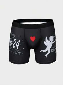 Men'S Angel & Heart Pattern Printed Boxer Briefs - Black and White - View 1