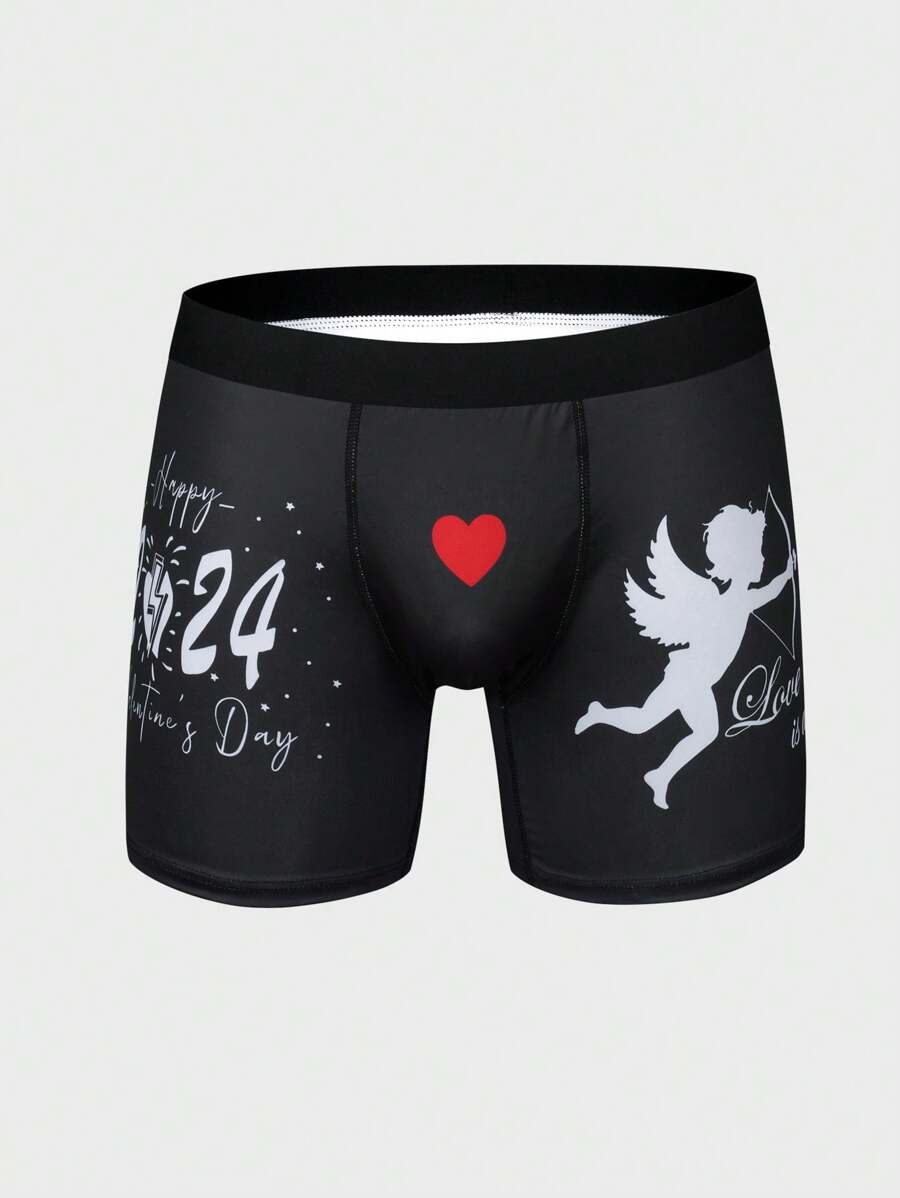 Men'S Angel & Heart Pattern Printed Boxer Briefs - Black and White - View 1