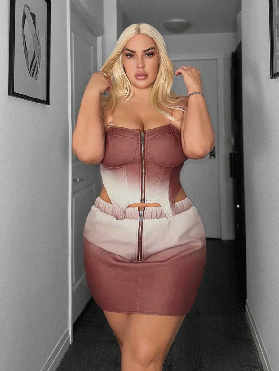 SHEIN SXY Plus Size Ladies' Gradient Color Bandeau Top And Skirt Set - Multicolor - View 1