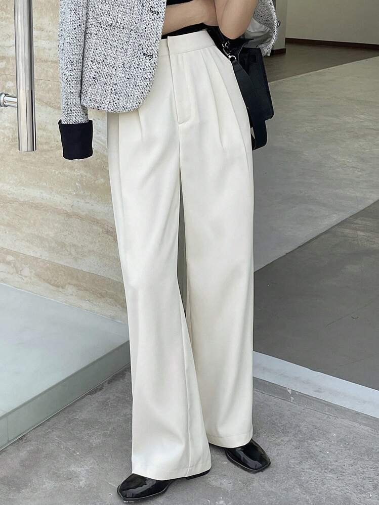 DAZY Calça de Terno Reta de Cor Sólida Casual de Negócios com Bolsos, Calça Social Feminina para Outono/Inverno - Branco - Visão 1