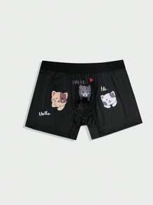 Men'S Letter & Cat Printed Boxer Briefs - Black - View 3