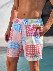 Manfinity VDAYZ Men's Plaid Drawstring Waist Swim Trunks - Red and White - View 5
