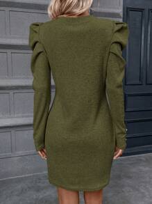 SHEIN Clasi Button Embellished Leg-Of-Mutton Sleeve Ribbed Knit Dress - Army Green - View 2