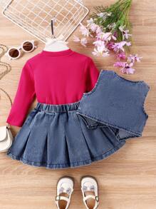 嬰兒女寶寶純色T恤、背心和褶皺裙套裝 - 藍色 - 查看 2