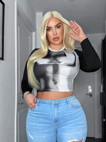 SHEIN SXY Plus Size Long Sleeve Cropped T-Shirt - Black and White - View 1