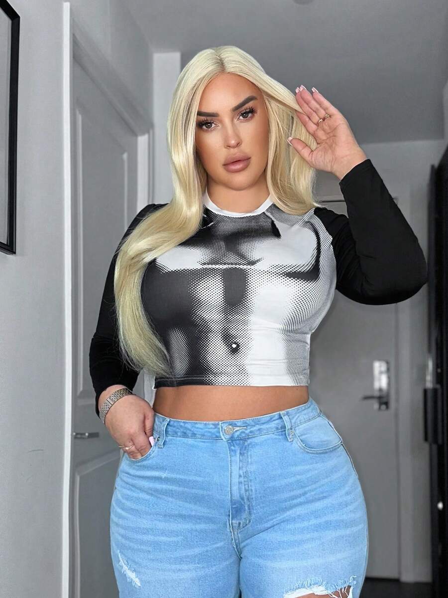 SHEIN SXY Plus Size Long Sleeve Cropped T-Shirt - Black and White - View 1