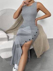 SHEIN Essnce Women's Casual All-Match Grey Button Front Slit Maxi Bodycon Dress For Summer - Grey - View 6