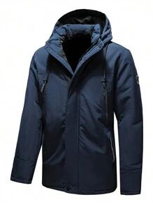 男士冬季經典拉鍊連帽棉墊外套 - 藍色 - 查看 1