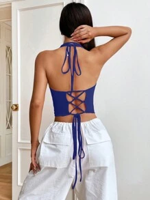 SHEIN EZwear Top Corto Sin Espalda Con Tirantes Atados Al Cuello - Azul - Ver 2