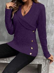 EMERY ROSE Fashionable Women's Shawl Collar Button Detail Sweater - Purple - View 5