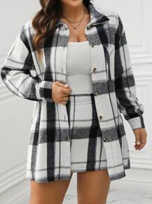 Calvaya Plus Size Women's Plaid Long Sleeve Coat And Skirt Set - Black and White - View 1