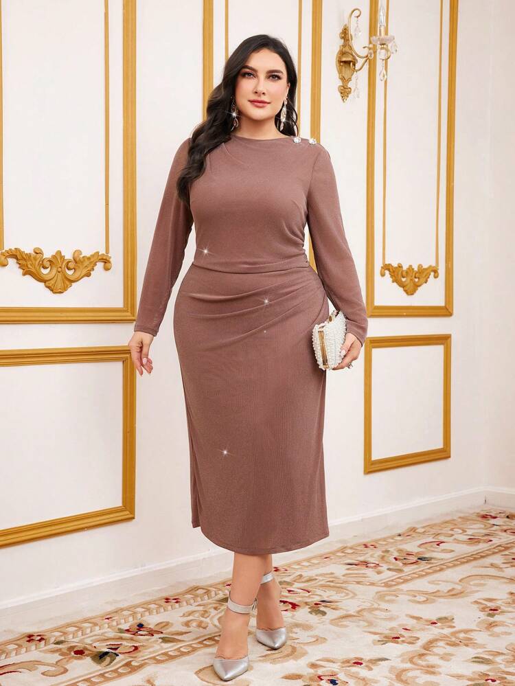 Plus Size Diamond Decorated Long Sleeve Dress Long Evening Dresses