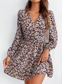 SHEIN Frenchy Floral Print V-Neck A-Line Dress With Waist Yoke - Navy Blue - View 2