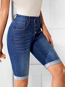 SHEIN LUNE Shorts de mezclilla con botones volados, cintura asimétrica y bajo enrollado para mujer - Azul lavado oscuro - Ver 4