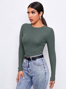 SHEIN Essnce 女款修身長袖窩夫針織t恤 - 綠色 - 查看 3